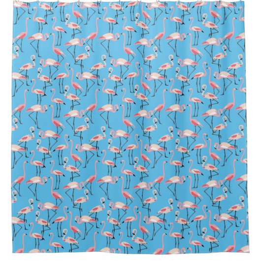 Roze Flamingo patroon op blauw Douchegordijn (Voorkant)
