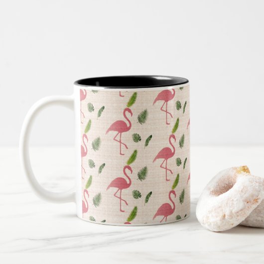 Roze Flamingo patroon Tweekleurige Koffiemok (Met donut)