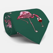 Roze Flamingo patroon Wijn Drinker Green Novelty Stropdas (Opgerold)