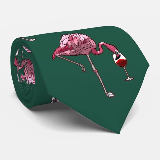 Roze Flamingo patroon Wijn Drinker Green Novelty Stropdas (Opgerold)