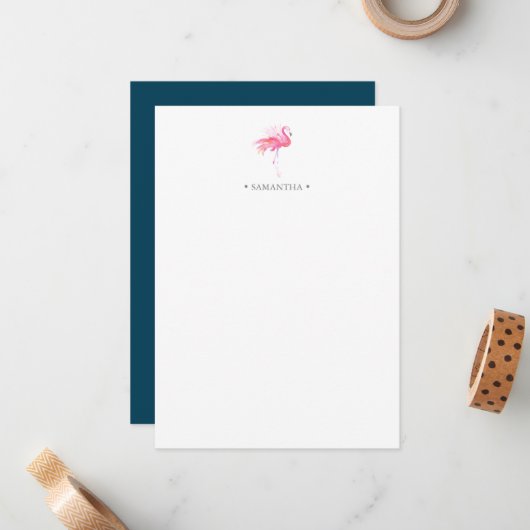 Roze Flamingo Persoonlijke Stationery Notitiekaartje (Voorkant / Achterkant in situ)