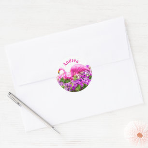 Roze Flamingo Petunia Kunst Voeg Aangepaste Tekst  Ronde Sticker