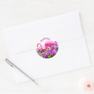 Roze Flamingo Petunia Kunst Voeg Aangepaste Tekst  Ronde Sticker