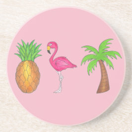 Roze Flamingo Pineapple Palm Tree Tropical Island Zandsteen Onderzetter