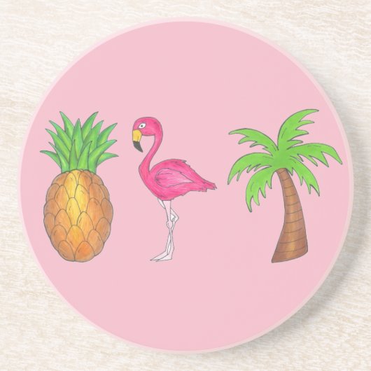 Roze Flamingo Pineapple Palm Tree Tropical Island Zandsteen Onderzetter (Voorkant)