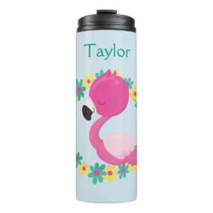 Roze Flamingo Pink en Blue Flowers Thermosbeker