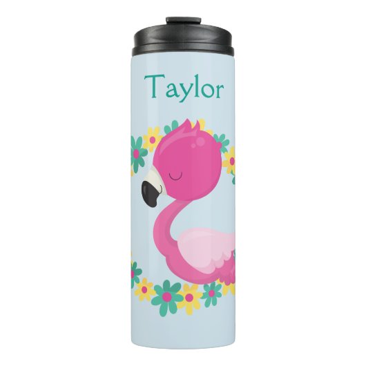 Roze Flamingo Pink en Blue Flowers Thermosbeker (Voorkant)