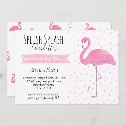 Roze flamingo polk-a-punt 1st verjaardagsuitnodigi kaart (Voorkant / Achterkant)