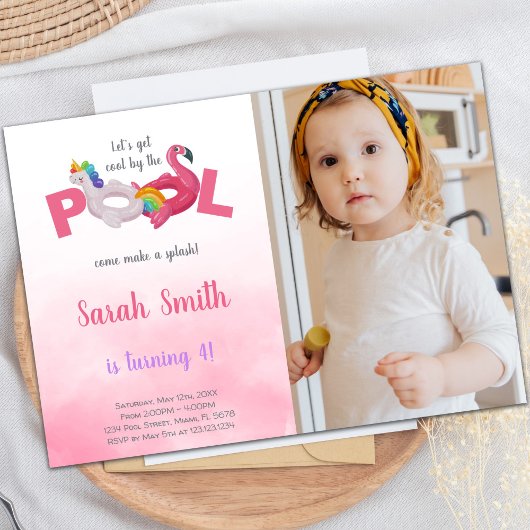 Roze Flamingo Pool Birthday Invitations met foto Kaart