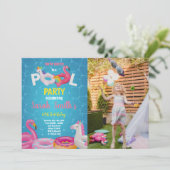 Roze Flamingo Pool Birthday Invitations w foto Kaart (Staand voorkant)