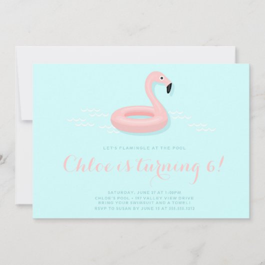 Roze Flamingo Pool Party Birthday Invitation Kaart (Voorkant)