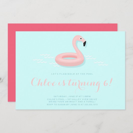 Roze Flamingo Pool Party Birthday Invitation Kaart (Voorkant / Achterkant)