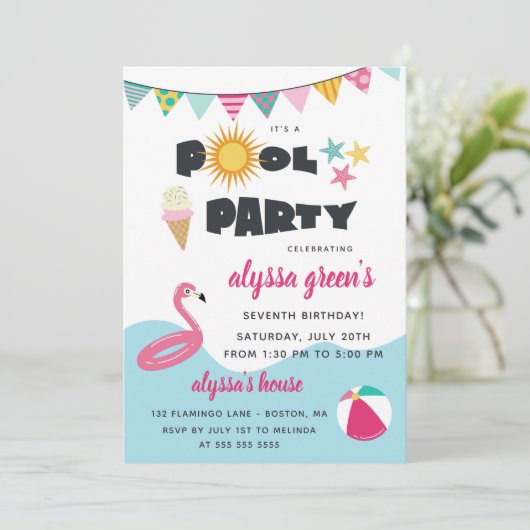 Roze Flamingo Pool Party Kind Birthday Kaart (Staand voorkant)