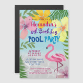 Roze Flamingo Pool Party Verjaardag Magnetische Uitnodiging (Voorkant / Achterkant)