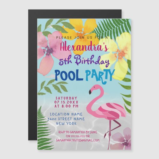 Roze Flamingo Pool Party Verjaardag Magnetische Uitnodiging (Voorkant / Achterkant)