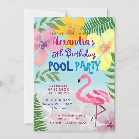 Roze Flamingo Pool Party Verjaardag Magnetische Uitnodiging (Voorkant)