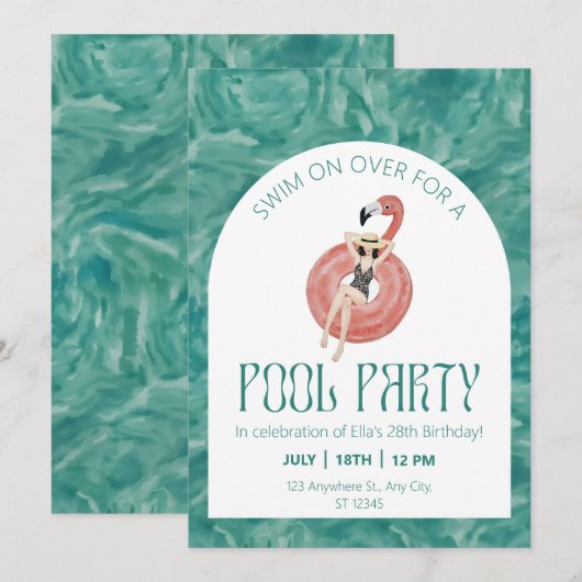 Roze Flamingo Pool Party Waterverf Kaart (Voorkant / Achterkant)