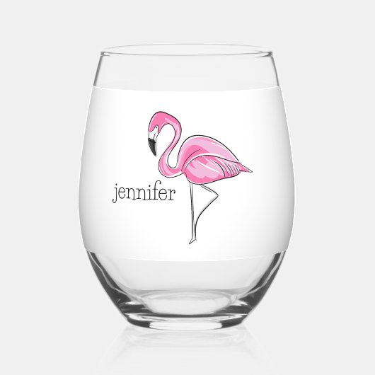 Roze Flamingo Preppy Gepersonaliseerd Wijnglas Zonder Voet (Achterkant)