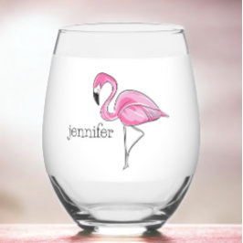 Roze Flamingo Preppy Gepersonaliseerd Wijnglas Zonder Voet