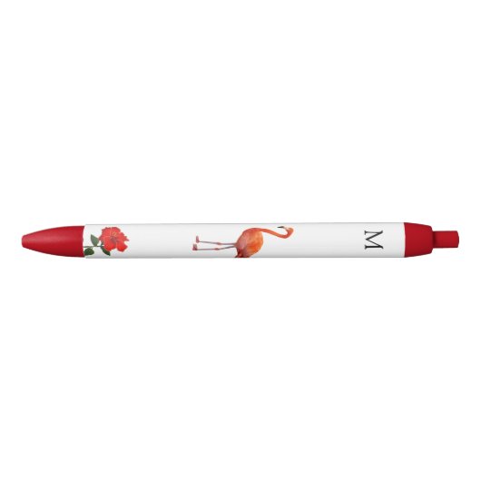 Roze flamingo, Red Hibiscus Flower & Monogram Zwarte Inkt Pen (Voorkant)