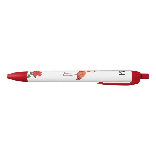 Roze flamingo, Red Hibiscus Flower & Monogram Zwarte Inkt Pen (Bodem)