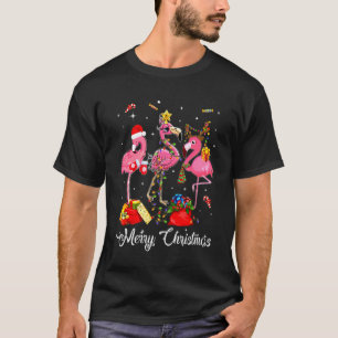 Roze Flamingo Reindeer Santa Hat Funny Merry Chris T-shirt