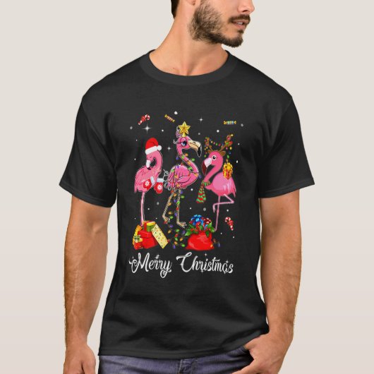 Roze Flamingo Rendier Santa Hoed Grappig Merry Chr T-shirt (Voorkant)