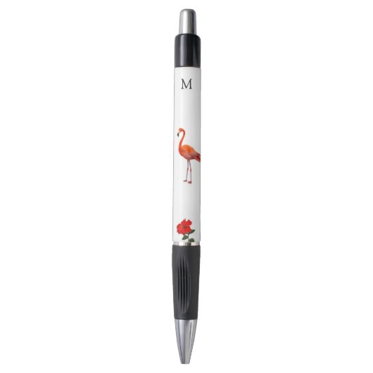 Roze Flamingo, Rode Hibiscus Bloem & Monogram Pen (Voorkant Verticaal)