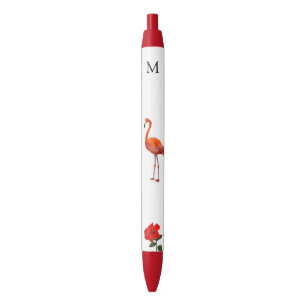 Roze Flamingo, Rode Hibiscus Bloem & Monogram Zwarte Inkt Pen