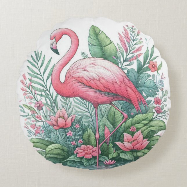 Roze Flamingo Rond Kussen (Voorkant)