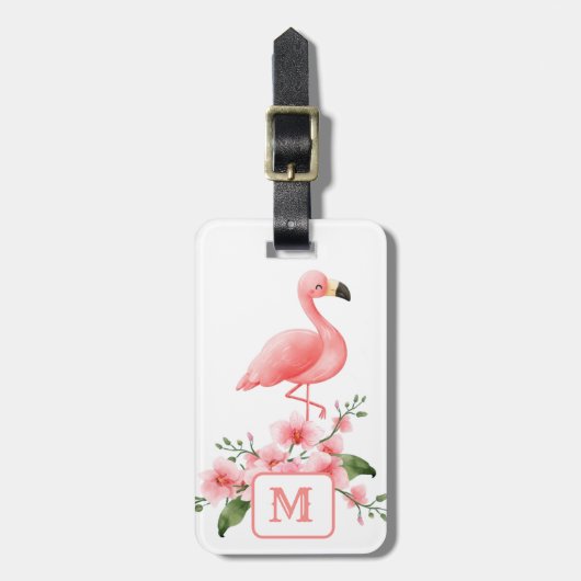 Roze Flamingo Roze Orchidee Flora Monogram Bagagelabel (Voorkant verticaal)