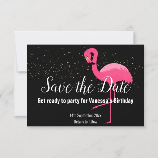 ROZE FLAMINGO ROZE SAVE THE DATE ZWART RSVP KAARTJE (Voorkant)