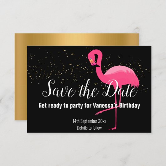ROZE FLAMINGO ROZE SAVE THE DATE ZWART RSVP KAARTJE (Voorkant / Achterkant)