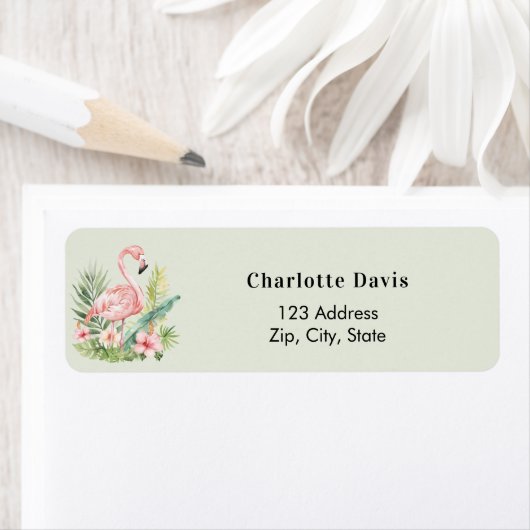 Roze flamingo salie groen retouradres  etiket (Insitu)