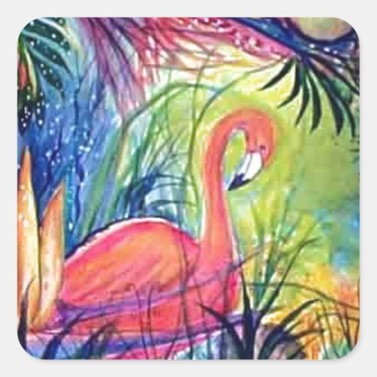 Roze Flamingo Sanibel Midnight Waterverf Schilderi Vierkante Sticker (Voorkant)