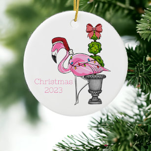 Roze Flamingo Santa gepersonaliseerd Keramisch Ornament