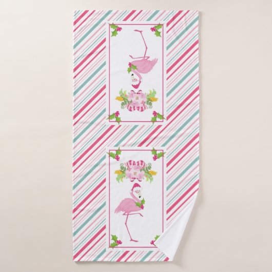 Roze Flamingo Santa Hat Candy Canes and Holly Bad Handdoek (Badhanddoek)