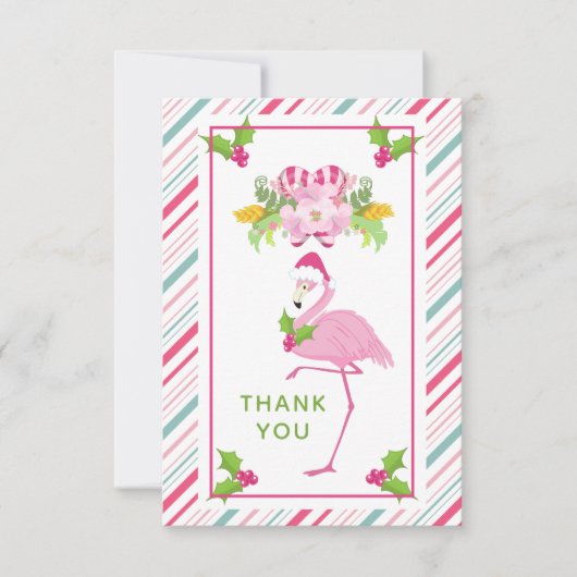 Roze Flamingo Santa Hat Candy Canes and Holly Bedankkaart (Voorkant)