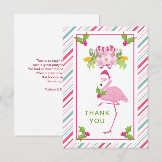 Roze Flamingo Santa Hat Candy Canes and Holly Bedankkaart (Voorkant / Achterkant)