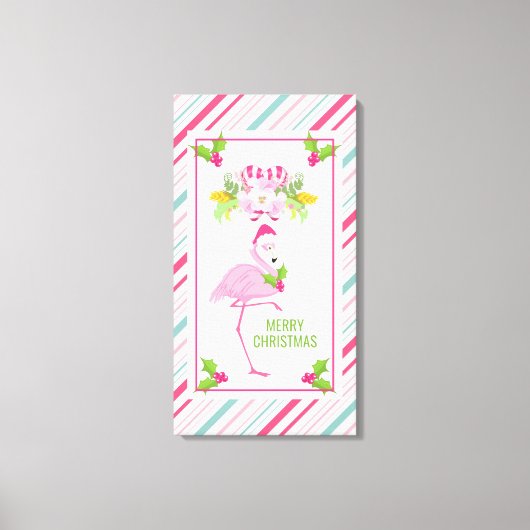 Roze Flamingo Santa Hat Candy Canes and Holly Canvas Afdruk (Voorkant)