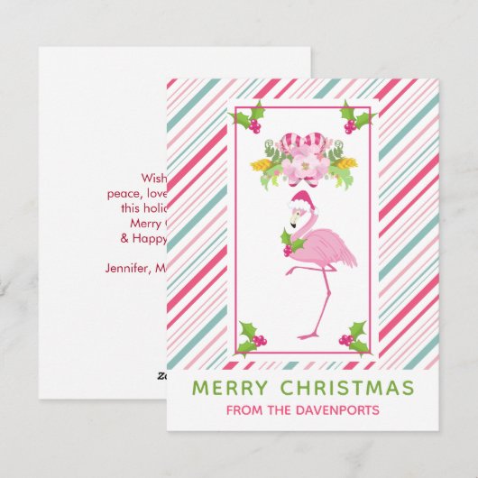 Roze Flamingo Santa Hat Candy Canes and Holly Feestdagenkaart (Voorkant / Achterkant)