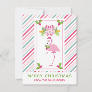 Roze Flamingo Santa Hat Candy Canes and Holly Feestdagenkaart