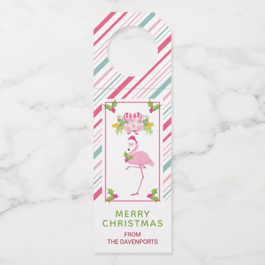 Roze Flamingo Santa Hat Candy Canes and Holly Flessenhanger (Voorkant)