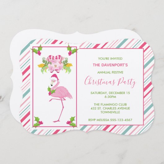 Roze Flamingo Santa Hat Candy Canes and Holly Kaart (Voorkant / Achterkant)