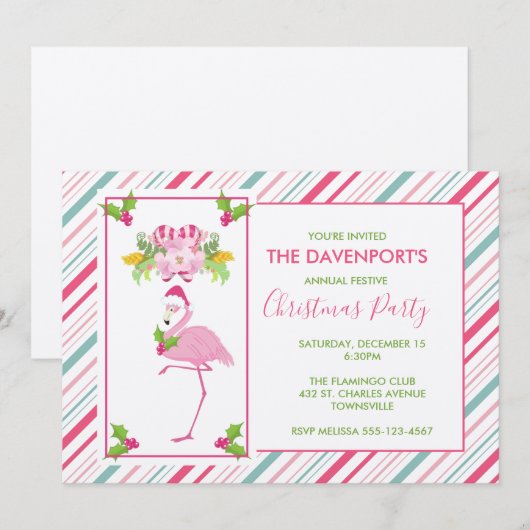 Roze Flamingo Santa Hat Candy Canes and Holly Kaart (Voorkant / Achterkant)