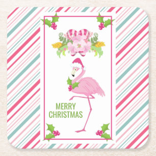 Roze Flamingo Santa Hat Candy Canes and Holly Kartonnen Onderzetters