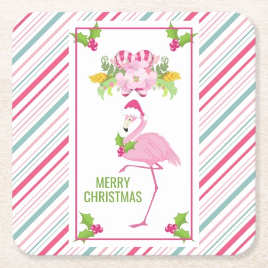 Roze Flamingo Santa Hat Candy Canes and Holly Kartonnen Onderzetters (Voorkant)