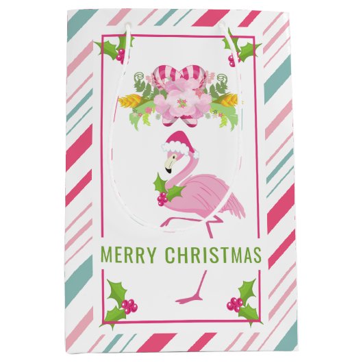 Roze Flamingo Santa Hat Candy Canes and Holly Medium Cadeauzakje (Voorkant)