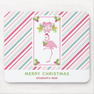 Roze Flamingo Santa Hat Candy Canes and Holly Muismat