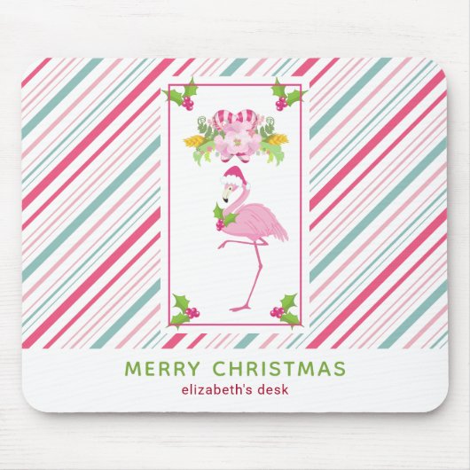 Roze Flamingo Santa Hat Candy Canes and Holly Muismat (Voorkant)